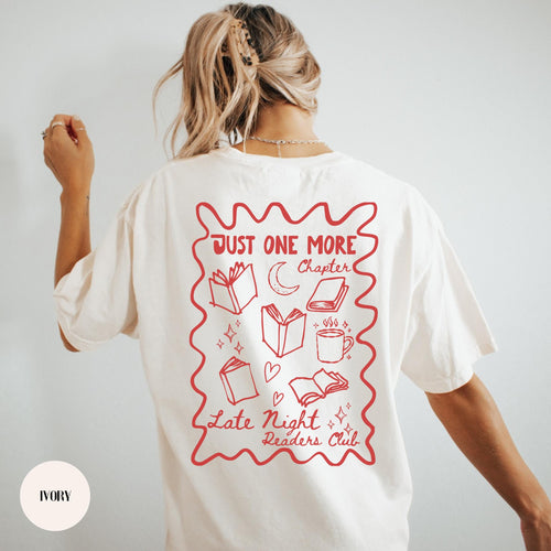 Late night reader shirt mockup showing a back print with Just One More Chapter and Late Night Readers Club bookish lettering.