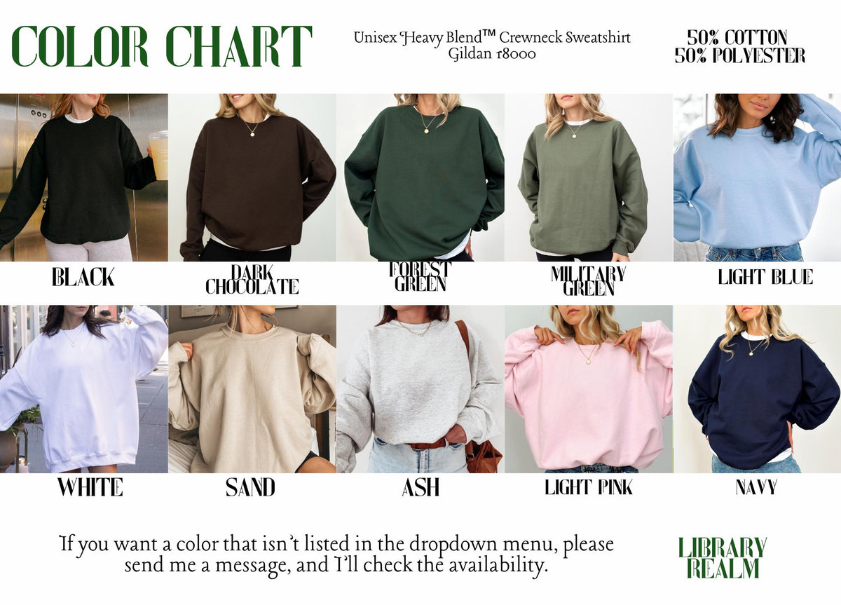 May include: A colour chart for Gildan 18000 unisex heavy blend crewneck sweatshirts made of 50% cotton and 50% polyester. The chart displays ten long-sleeve sweatshirts in black, dark chocolate, forest green, military green, light blue, white, sand, ash, light pink, and navy.