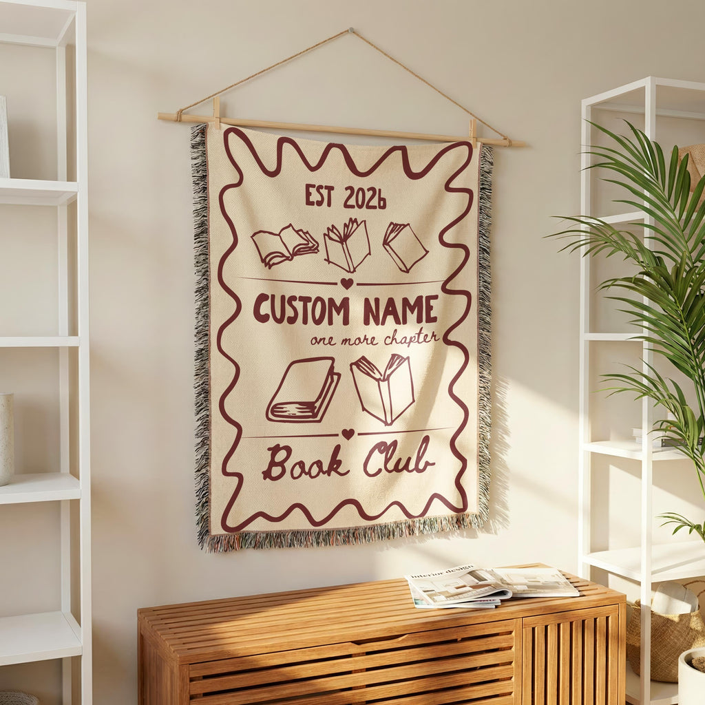 Personalized book club woven blanket styled as a cozy reading-group gift with custom name and EST year.