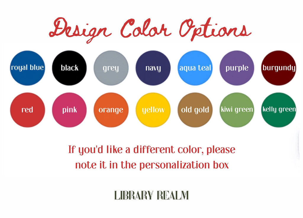 May include: A colour chart titled Design Color Options featuring fourteen circular swatches in royal blue, black, grey, navy, aqua teal, purple, burgundy, red, pink, orange, yellow, old gold, kiwi green, and kelly green, with text below.